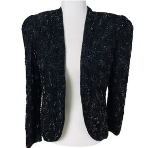 Vintage Nite Line Silk Black Sequin and Beaded Evening Jacket Open Front Sz S .